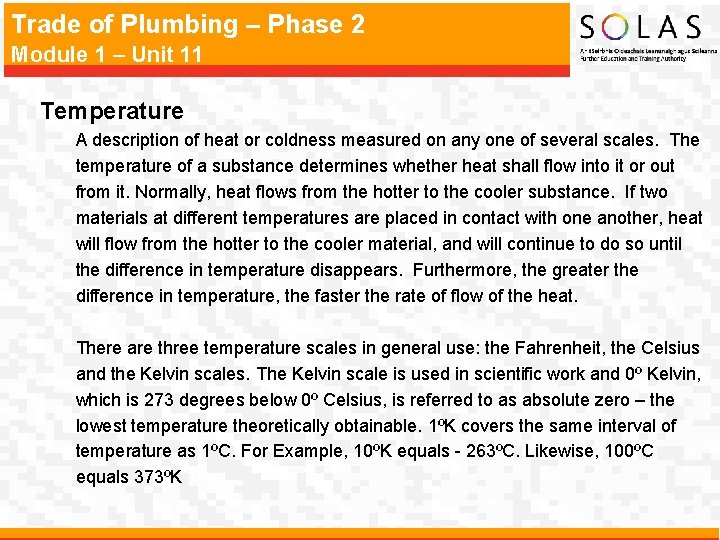 Trade of Plumbing – Phase 2 Module 1 – Unit 11 Temperature A description