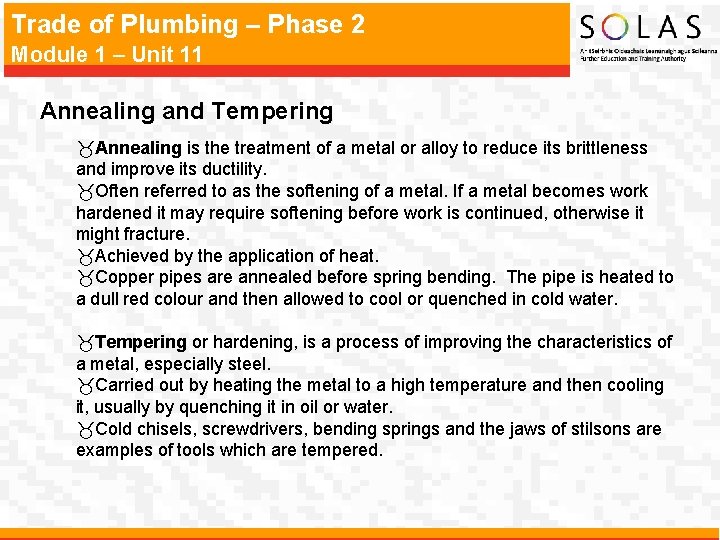 Trade of Plumbing – Phase 2 Module 1 – Unit 11 Annealing and Tempering
