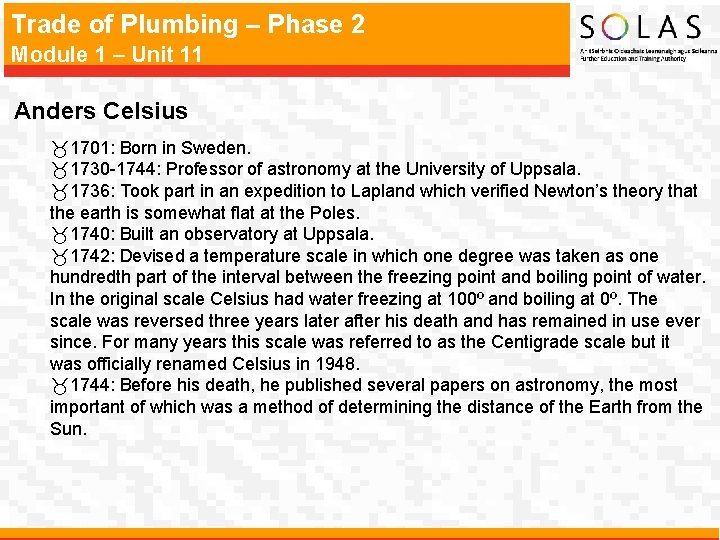 Trade of Plumbing – Phase 2 Module 1 – Unit 11 Anders Celsius _1701: