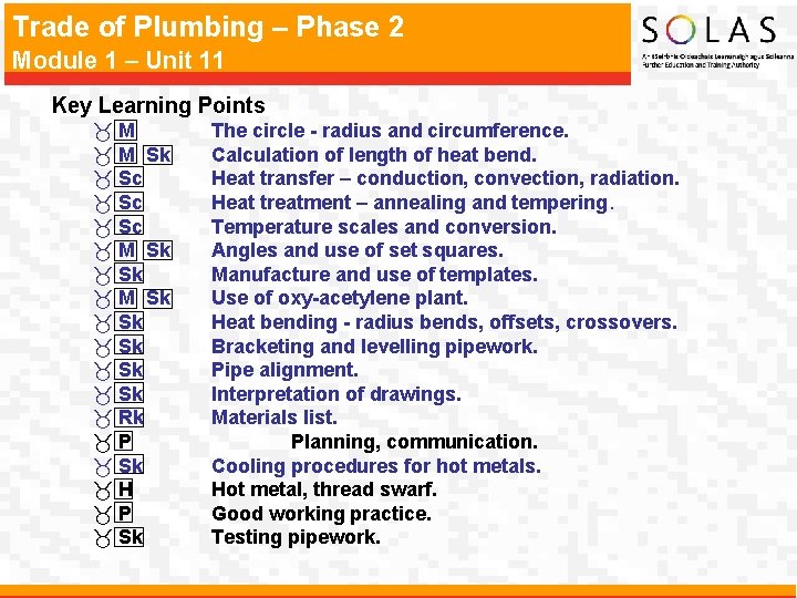 Trade of Plumbing – Phase 2 Module 1 – Unit 11 Key Learning Points