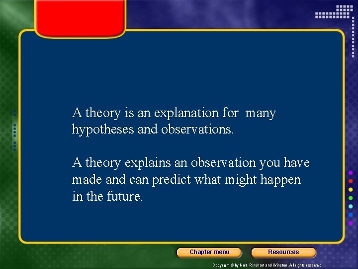 A theory is an explanation for many hypotheses and observations. A theory explains an A theory is an explanation for many hypotheses and observations. A theory explains an