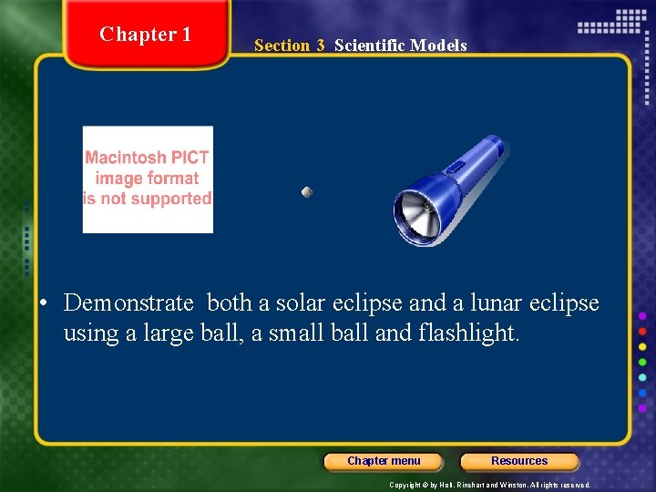 Chapter 1 Section 3 Scientific Models • Demonstrate both a solar eclipse and a Chapter 1 Section 3 Scientific Models • Demonstrate both a solar eclipse and a