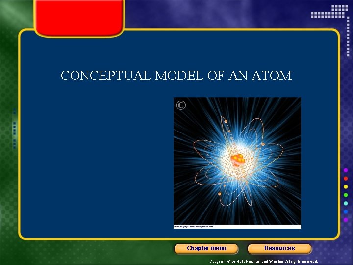 CONCEPTUAL MODEL OF AN ATOM Chapter menu Resources Copyright © by Holt, Rinehart and CONCEPTUAL MODEL OF AN ATOM Chapter menu Resources Copyright © by Holt, Rinehart and