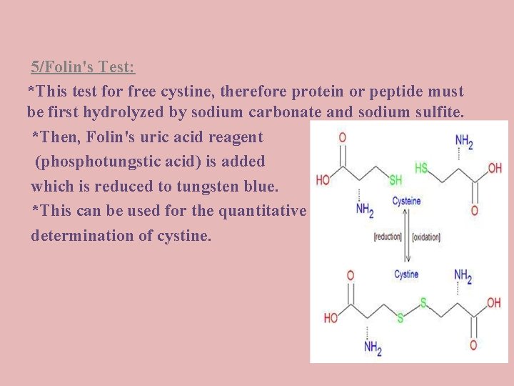 5/Folin's Test: *This test for free cystine, therefore protein or peptide must be first