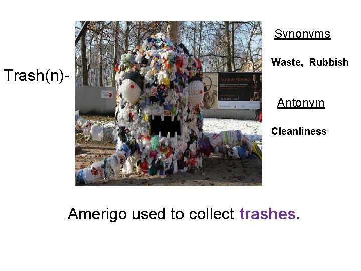 Synonyms Trash(n)- Waste, Rubbish Antonym Cleanliness Amerigo used to collect trashes. 