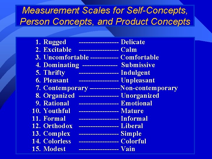 Measurement Scales for Self-Concepts, Person Concepts, and Product Concepts 1. 2. 3. 4. 5.