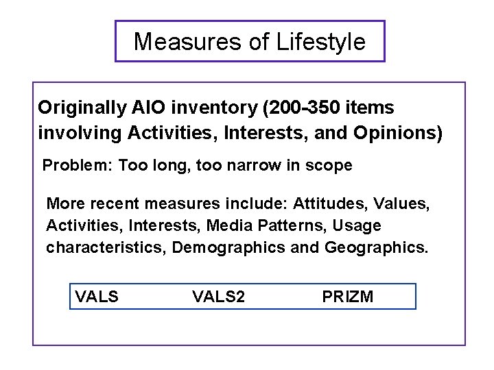 Measures of Lifestyle Originally AIO inventory (200 -350 items involving Activities, Interests, and Opinions)