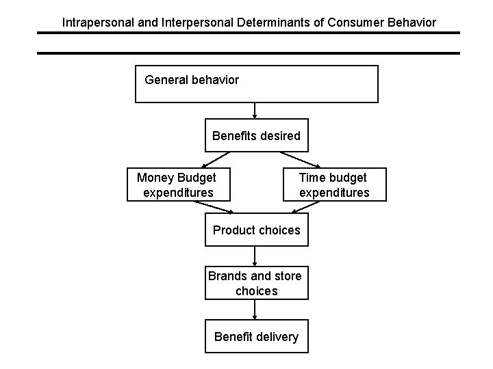 Intrapersonal and Interpersonal Determinants of Consumer Behavior General behavior Benefits desired Money Budget expenditures