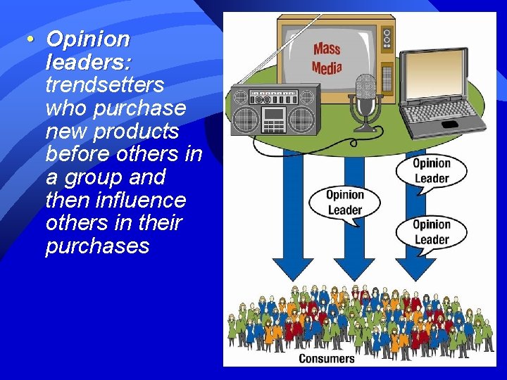  • Opinion leaders: trendsetters who purchase new products before others in a group