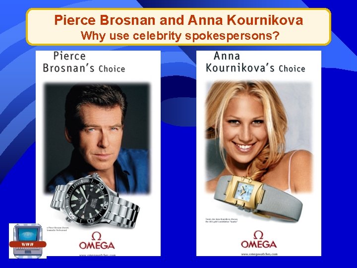 Pierce Brosnan and Anna Kournikova Why use celebrity spokespersons? 