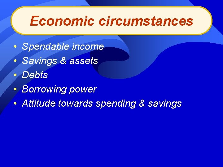 Economic circumstances • • • Spendable income Savings & assets Debts Borrowing power Attitude