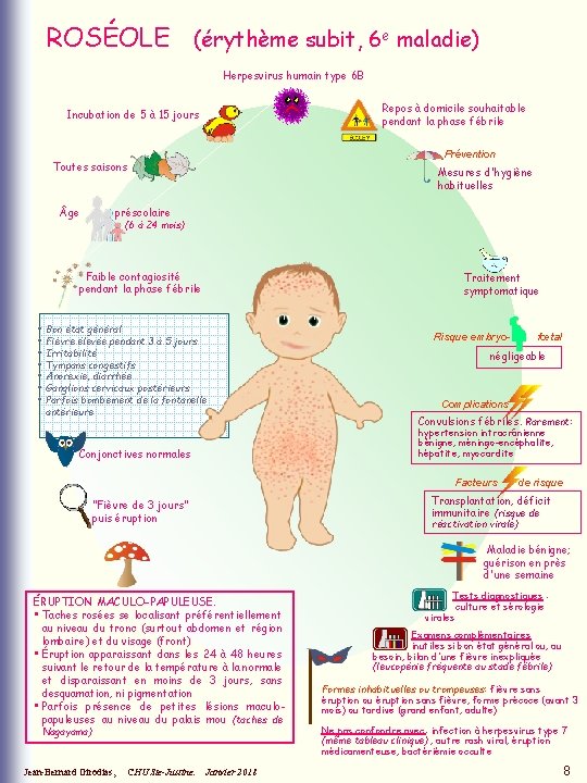 ROSÉOLE (érythème subit, 6 e maladie) Herpesvirus humain type 6 B Repos à domicile ROSÉOLE (érythème subit, 6 e maladie) Herpesvirus humain type 6 B Repos à domicile