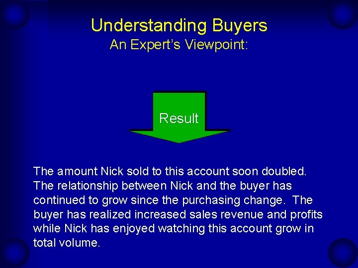 Understanding Buyers An Expert’s Viewpoint: Result The amount Nick sold to this account soon