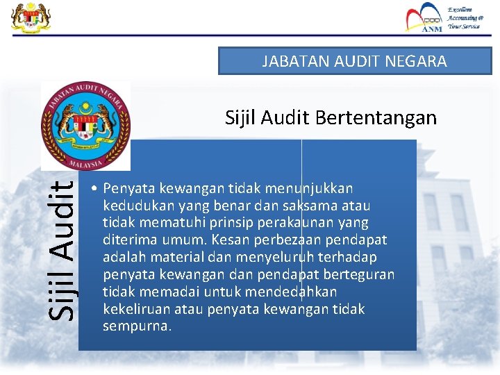 JABATAN AUDIT NEGARA Sijil Audit Bertentangan • Penyata kewangan tidak menunjukkan kedudukan yang benar