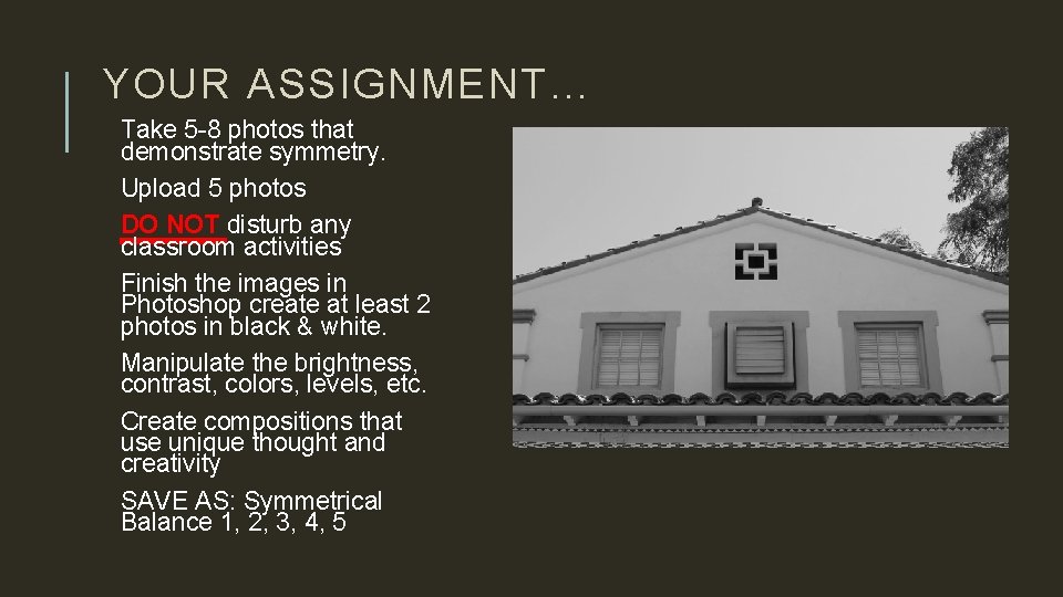 YOUR ASSIGNMENT… Take 5 -8 photos that demonstrate symmetry. Upload 5 photos DO NOT