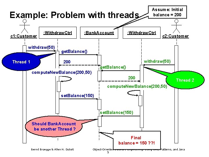 Example: Problem with threads c 1: Customer : Withdraw. Ctrl withdraw(50) Thread 1 : Example: Problem with threads c 1: Customer : Withdraw. Ctrl withdraw(50) Thread 1 :