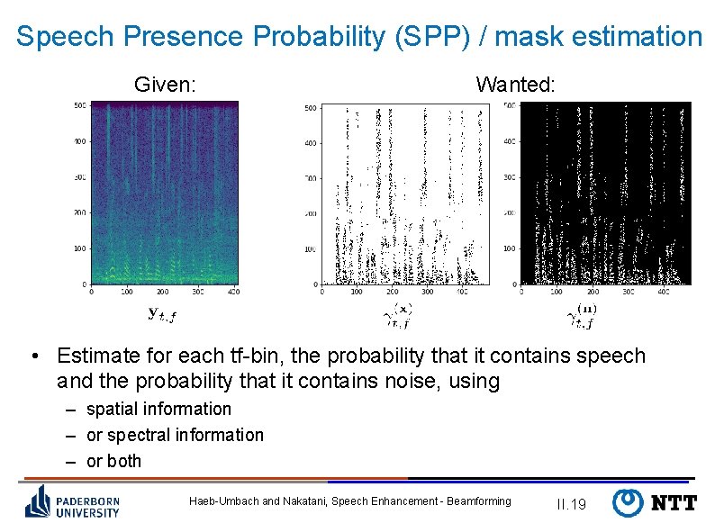 Speech Presence Probability (SPP) / mask estimation Given: Wanted: • Estimate for each tf-bin,