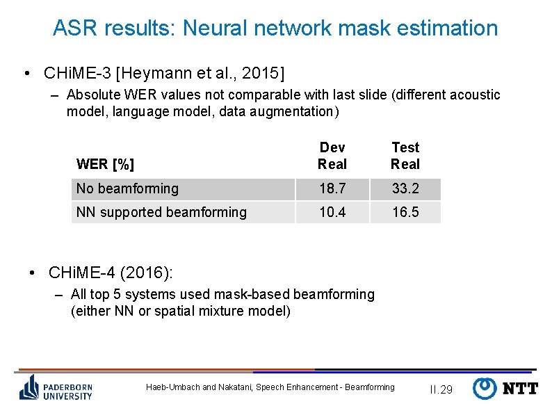 ASR results: Neural network mask estimation • CHi. ME-3 [Heymann et al. , 2015]