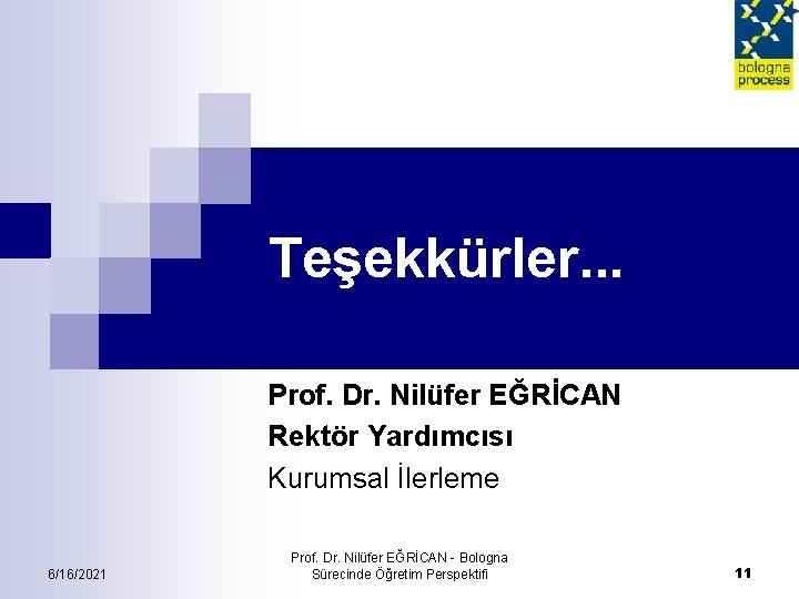 Teşekkürler. . . Prof. Dr. Nilüfer EĞRİCAN Rektör Yardımcısı Kurumsal İlerleme 6/16/2021 Prof. Dr.