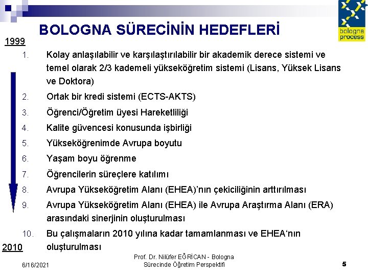 1999 BOLOGNA SÜRECİNİN HEDEFLERİ 1. Kolay anlaşılabilir ve karşılaştırılabilir bir akademik derece sistemi ve