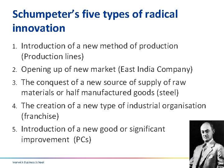 Schumpeter’s five types of radical innovation 1. 2. 3. 4. 5. Introduction of a