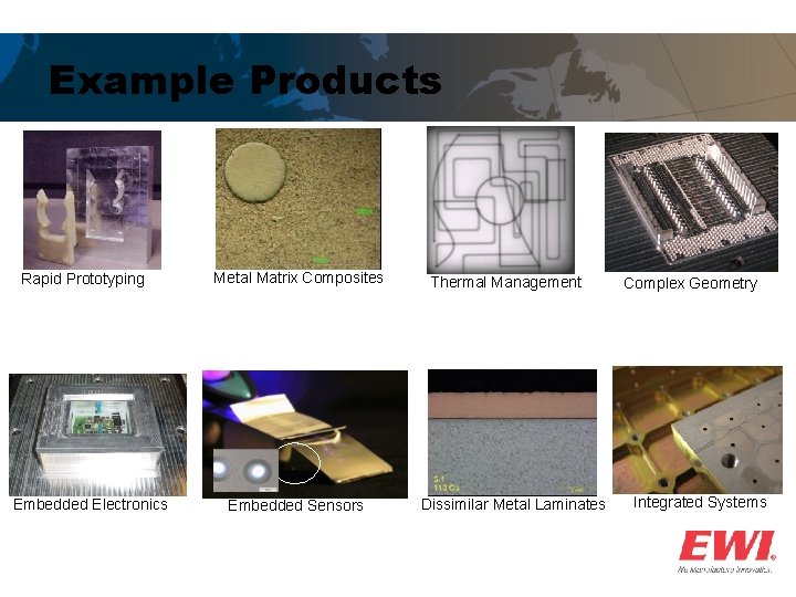 Example Products Rapid Prototyping Embedded Electronics Metal Matrix Composites Embedded Sensors Thermal Management Dissimilar