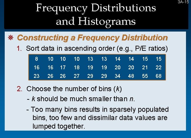 Frequency Distributions and Histograms ¯ Constructing a Frequency Distribution 1. Sort data in ascending Frequency Distributions and Histograms ¯ Constructing a Frequency Distribution 1. Sort data in ascending