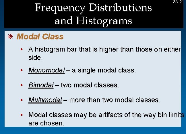 Frequency Distributions and Histograms 3 A-21 21 ¯ Modal Class • A histogram bar Frequency Distributions and Histograms 3 A-21 21 ¯ Modal Class • A histogram bar