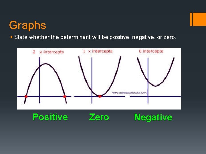 Graphs § State whether the determinant will be positive, negative, or zero. Positive Zero