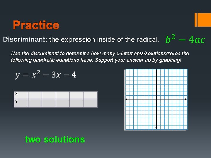 Practice Discriminant: the expression inside of the radical. Use the discriminant to determine how