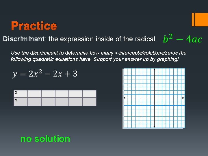 Practice Discriminant: the expression inside of the radical. Use the discriminant to determine how