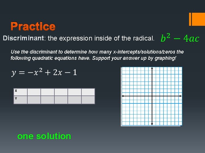 Practice Discriminant: the expression inside of the radical. Use the discriminant to determine how