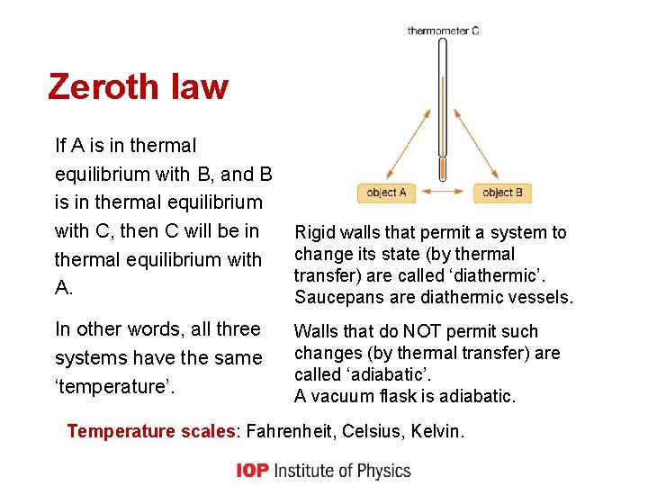 Zeroth law If A is in thermal equilibrium with B, and B is in