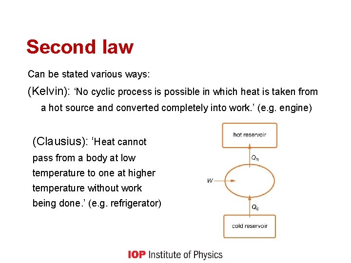 Second law Can be stated various ways: (Kelvin): ‘No cyclic process is possible in