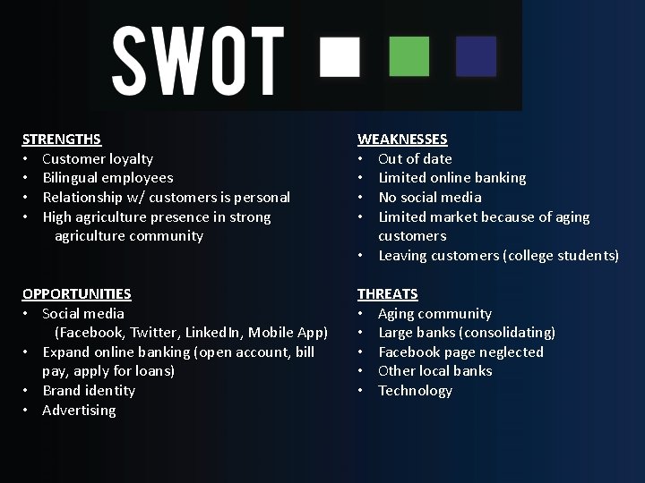 STRENGTHS • Customer loyalty • Bilingual employees • Relationship w/ customers is personal •