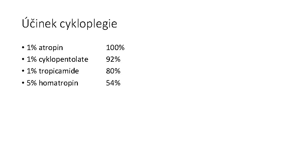 Účinek cykloplegie • 1% atropin • 1% cyklopentolate • 1% tropicamide • 5% homatropin