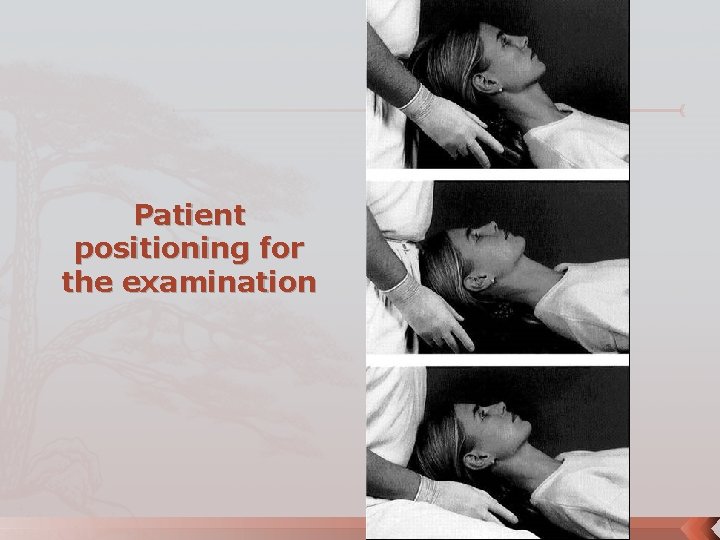Patient positioning for the examination 