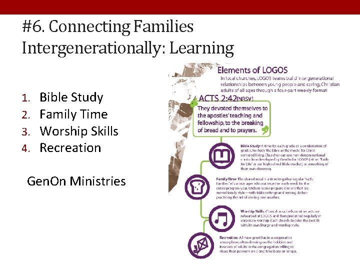 #6. Connecting Families Intergenerationally: Learning 1. 2. 3. 4. Bible Study Family Time Worship