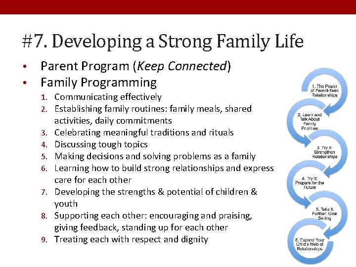 #7. Developing a Strong Family Life • • Parent Program (Keep Connected) Family Programming