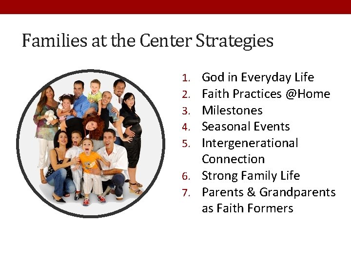 Families at the Center Strategies God in Everyday Life Faith Practices @Home Milestones Seasonal