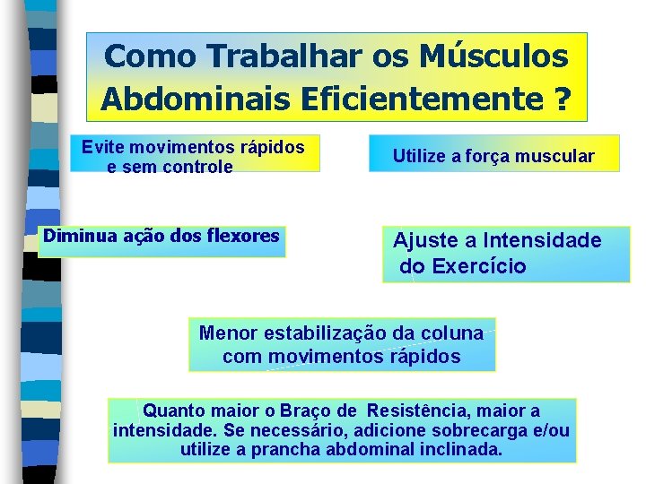 Como Trabalhar os Músculos Abdominais Eficientemente ? Evite movimentos rápidos e sem controle Diminua