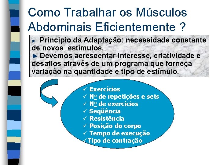 Como Trabalhar os Músculos Abdominais Eficientemente ? Princípio da Adaptação: necessidade constante de novos