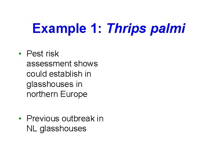 Example 1: Thrips palmi • Pest risk assessment shows could establish in glasshouses in