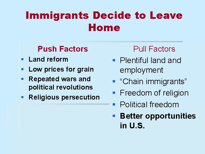 Immigrants Decide to Leave Home Push Factors § Land reform § Low prices for