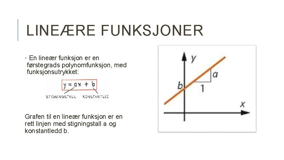 LINEÆRE FUNKSJONER • En lineær funksjon er en førstegrads polynomfunksjon, med funksjonsutrykket: Grafen til