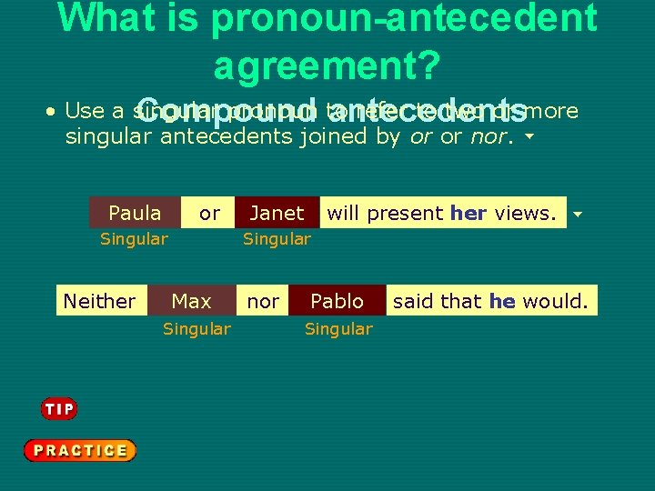 What is pronoun-antecedent agreement? • Use a singular pronoun to refer to two or