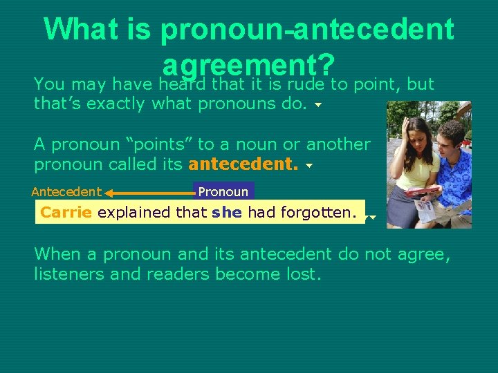 What is pronoun-antecedent agreement? You may have heard that it is rude to point,
