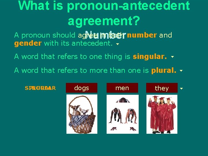 What is pronoun-antecedent agreement? A pronoun should agree in both number and Number gender