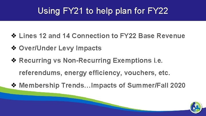 Using FY 21 to help plan for FY 22 ❖ Lines 12 and 14