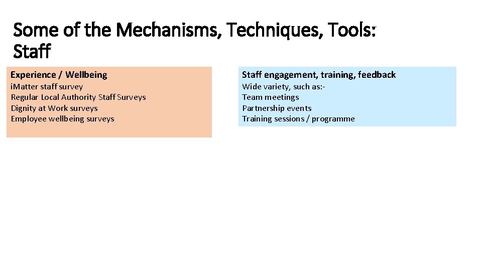 Some of the Mechanisms, Techniques, Tools: Staff Experience / Wellbeing i. Matter staff survey